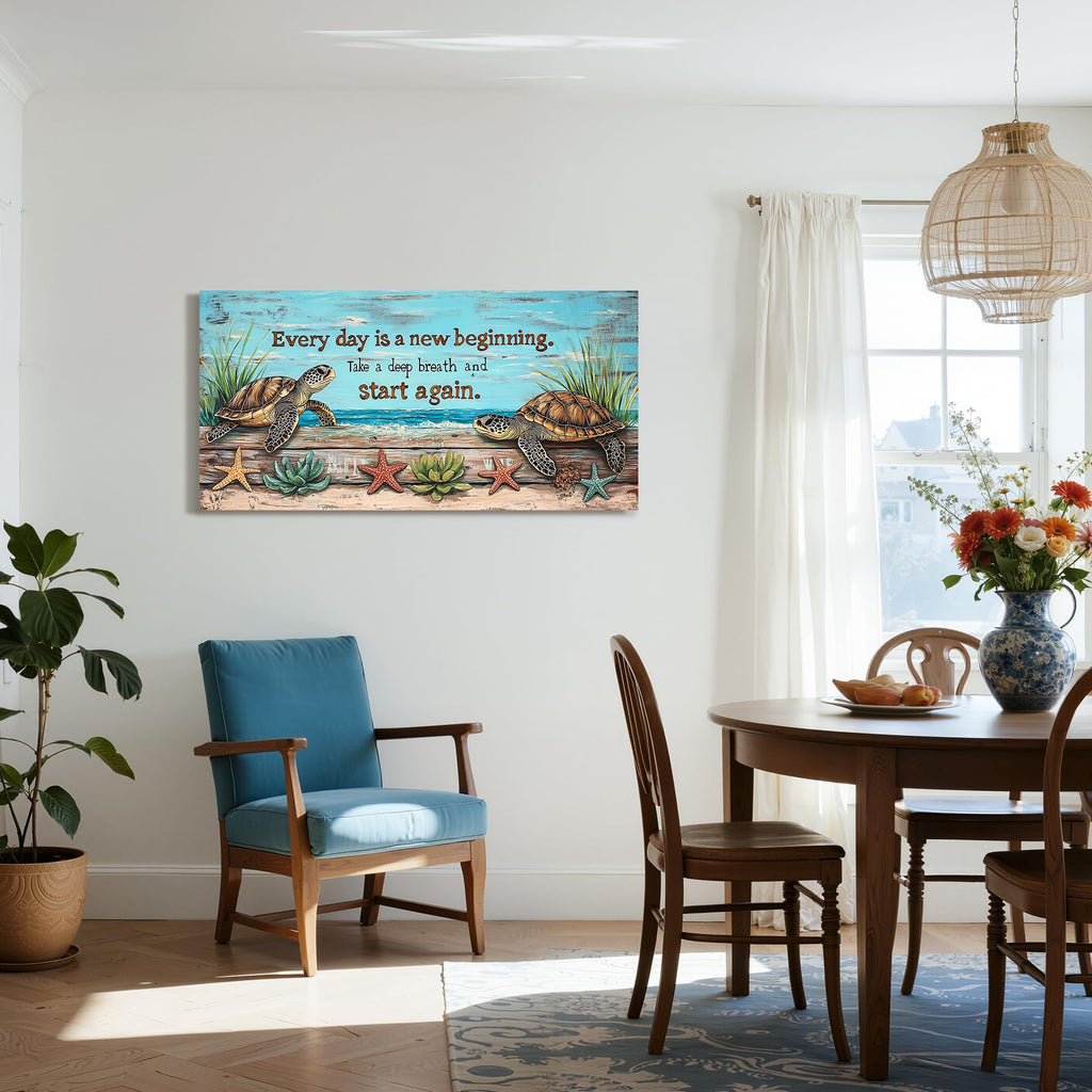 Large Inspirational Wall Art, Rustic Beach Sea Turtle Decor Blue