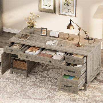 Farmhouse Executive Desk with File Drawers, 60 in Home Office Desk with Charging Station