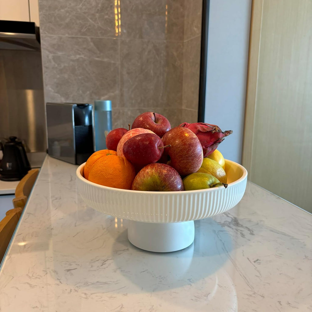 11" Ceramic Fruit Bowl Counter, White | Large Decorative Bowl - spacious pedestal bowl blending decor with