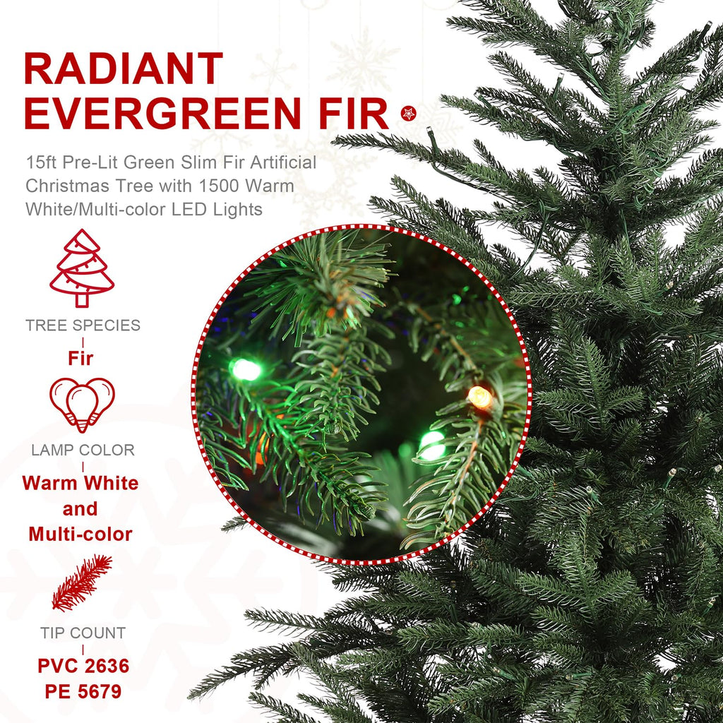 15ft Prelit Artificial Christmas Tree, Radiant Evergreen Fir with 1500 Warm White/Multi-color LED Lights, 9
