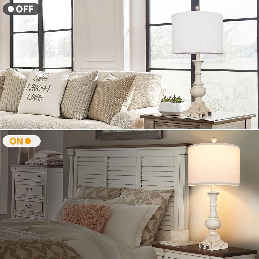 26" Farmhouse Table Lamp, Vintage Rustic Touch Control Bedside Lamp with 2 USB Ports & AC Outlet
