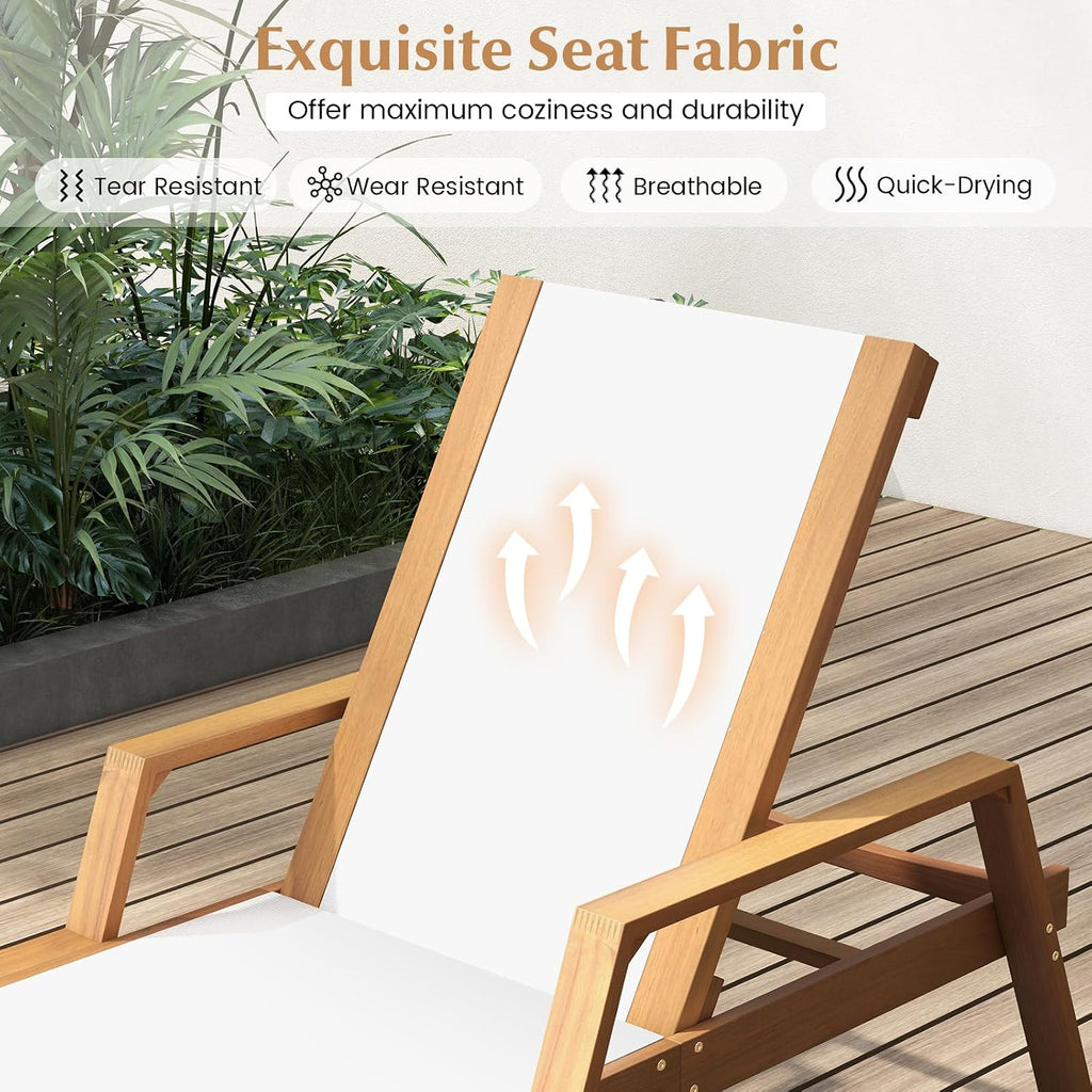 Wood Chaise Lounge Chair Outdoor, Patio Sun Lounger with Adjustable Back, Acacia Wood Lounge Chair with Breathable