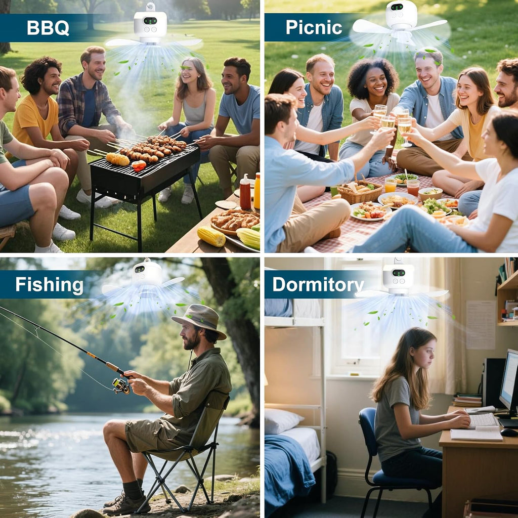 Portable Camping Fan,Tent Ceiling Fan,Rechargeable 8000mAh with Light & Hook,Timable & Auto Shut Off,Detachable Fan Blade, Used for Tent Canopy RV Gazebo Beach Dormitory Bedroom