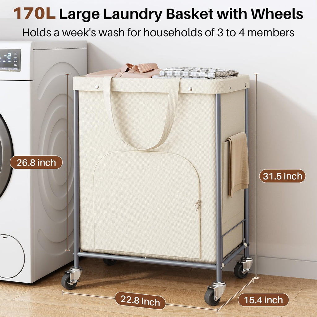 170L Large Laundry Basket with Wheels, Rolling Laundry Hamper Easy Access Clothing Minimizes Bending, Laundry Cart