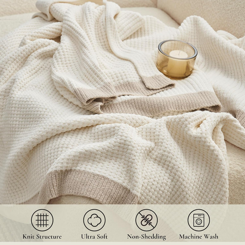 Chenille Throw Blanket, Soft Cozy Waffle Throw, Warm Yet Lightweight, Breathable All-Season Throws for Women Men