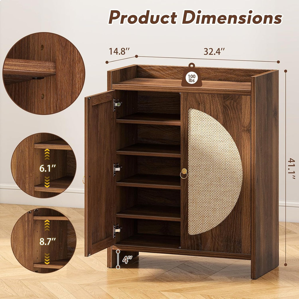 Shoe Cabinet Storage - Rattan Entry Way Shoe Storage Cabinet with Adjustable Shelves, Wood Shoe Organizer Cabinet