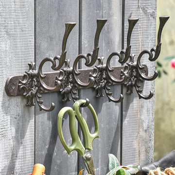 Vintage Cast Iron Wall Hook Rack - Ornate 4-Hooks Coat and Hat Organizer - Heavy Duty Decorative Hanger , or Mudroom