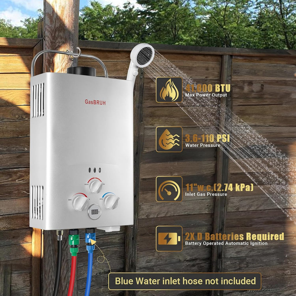 Tankless Water Heater Outdoor, 1.58 GPM, 6L Portable Propane Camping Water Heater with Overheating Protection for
