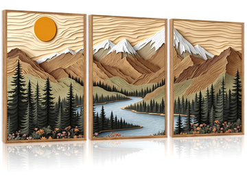 Mountain Forest Framed Canvas Wall Art Set Of 3, Rustic Nature Wall Decor, Scenic Lake Sunrise Landscape Painting