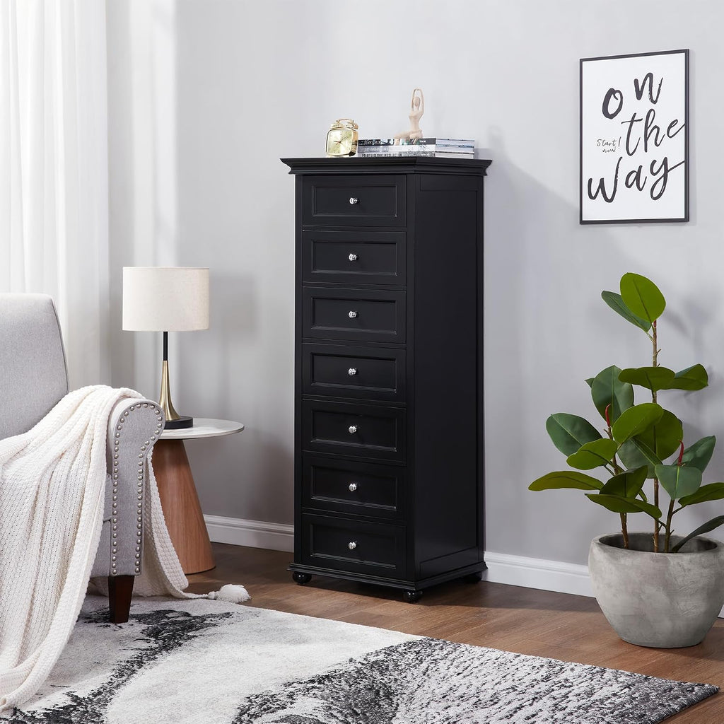 Tall Black Dresser with 7 Drawers, 52" Tall Skinny Dresser | Modern Black Tall Chest of Drawers Dresser,Wooden