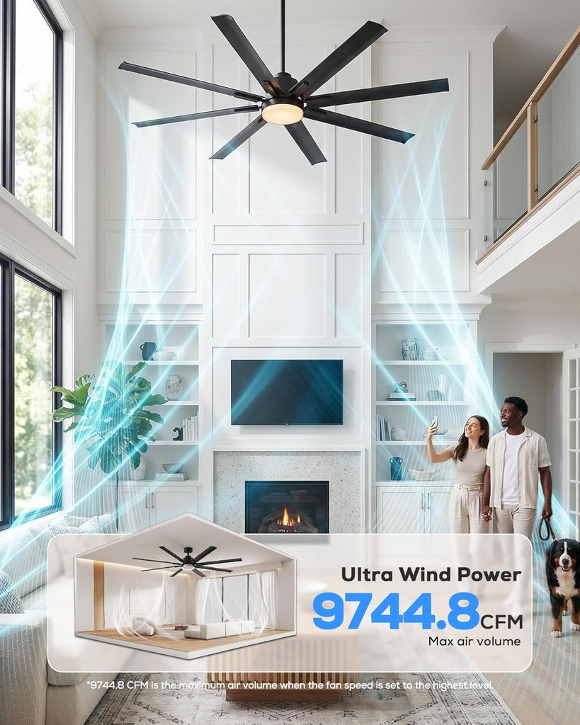 72 Inch Smart Ceiling Fan with Light, Industrial 8-Blade Black Aluminum Metal Outdoor Ceiling Fan