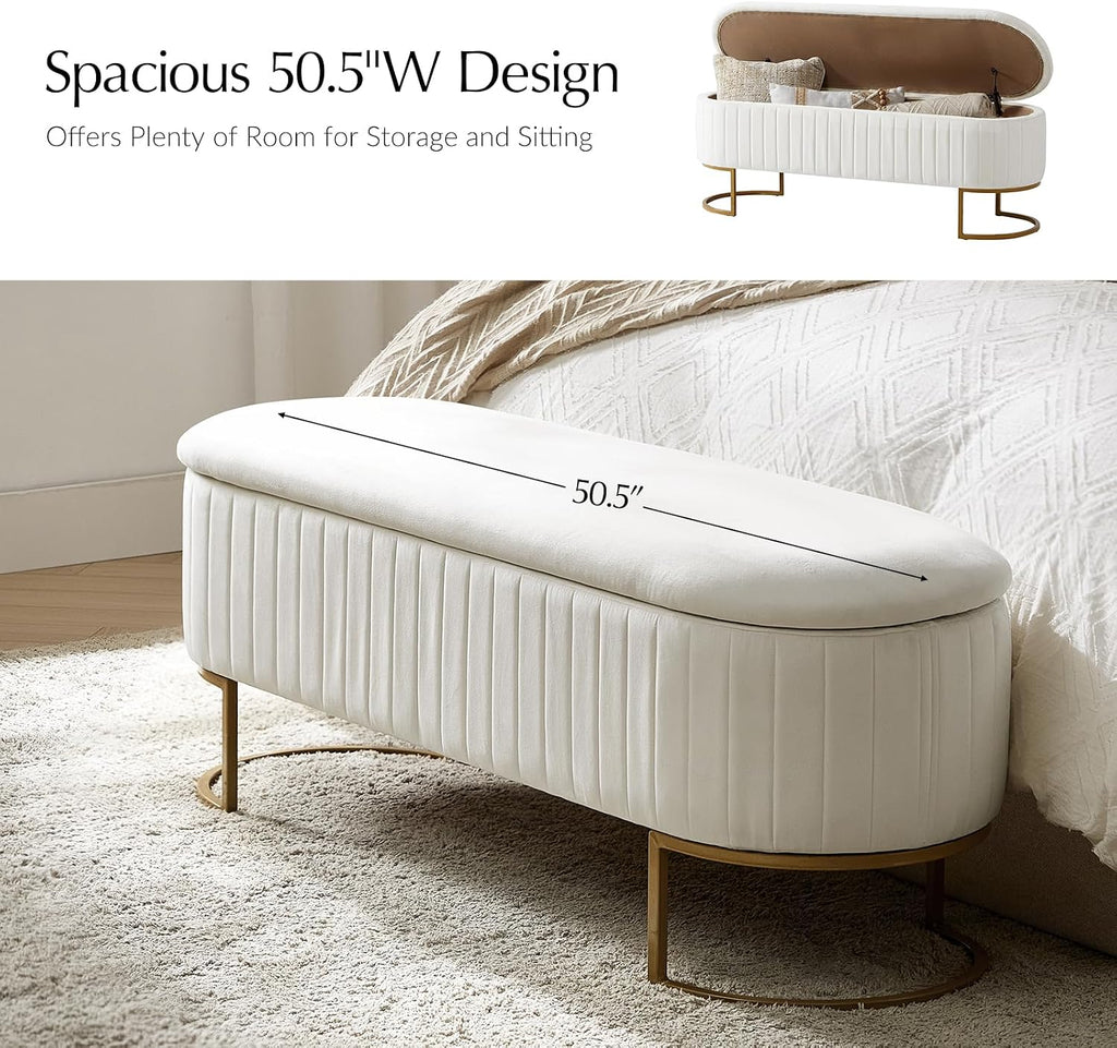 50.5" Velvet Bedroom Storage Bench Ottoman, Upholstered End of Bed Bench with Gold Legs, Flipping Lid Entryway