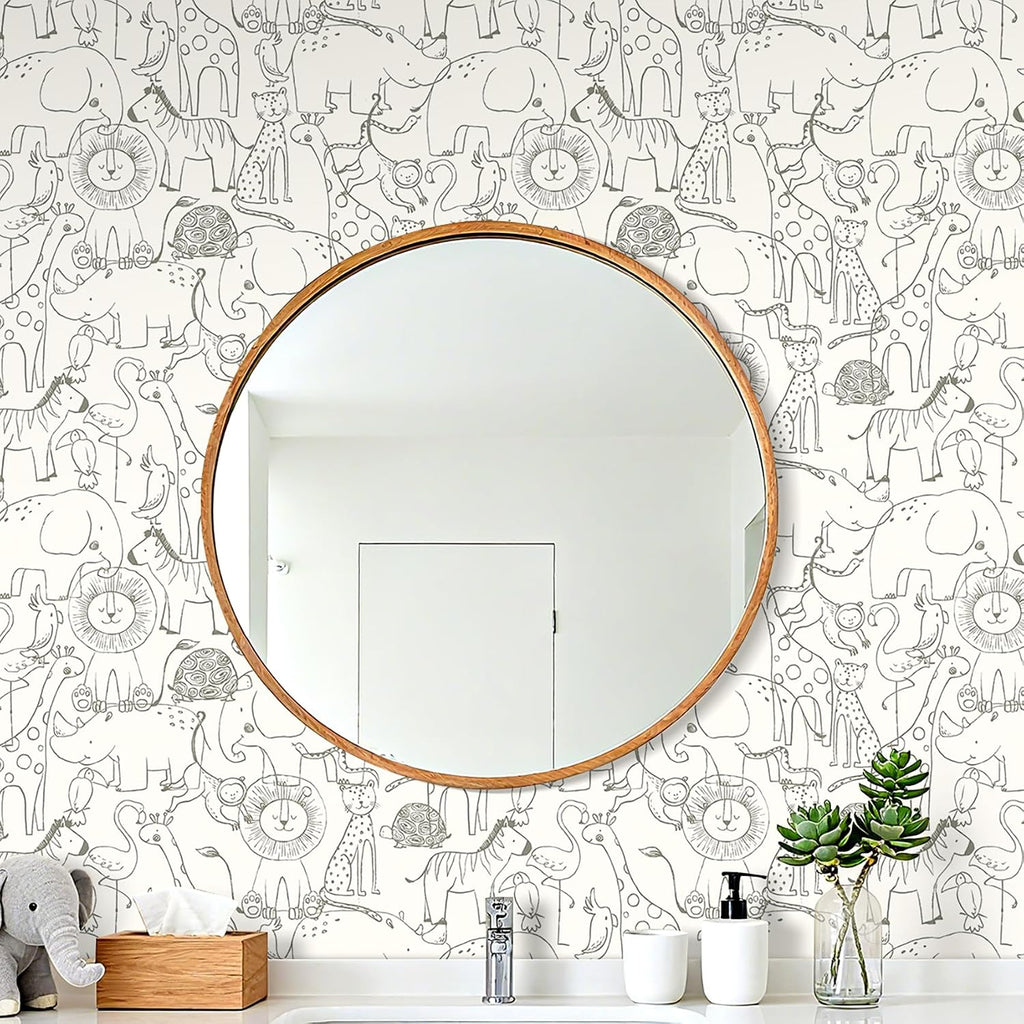 17.5x276 Neutral Animal Peel and Stick Wallpaper Fun Kids Wallpaper Playroom Accent Wall Covering Baby Girl Nursery