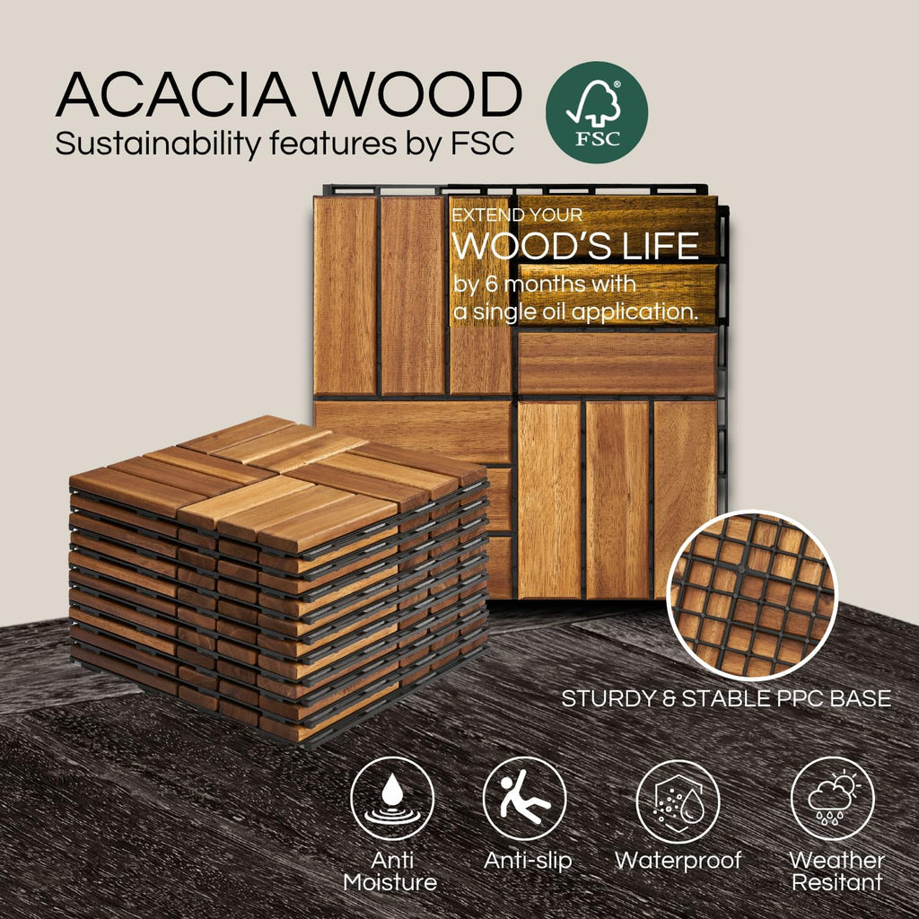 Premium Deck Tiles, Patio Flooring - Set 10 Pcs 12”x12”x0.9” Interlocking Deck Tiles, Waterproof Acacia Wood for