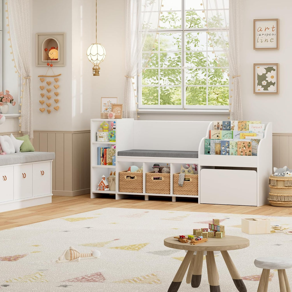 67"W Kids Reading Nook with Bookshelf, Toy Storage Organizer, White | Cushioned Bench & Large Movable Toy Storage Box