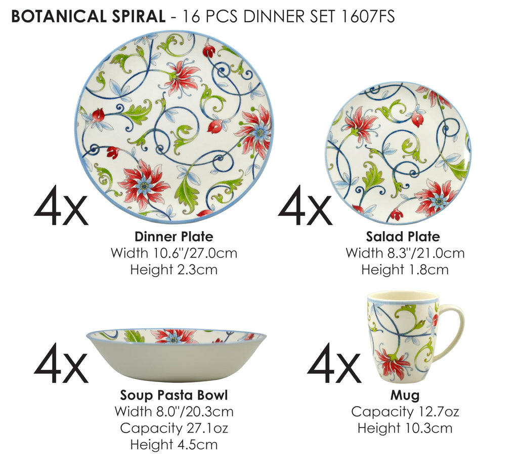 England 16-Piece Porcelain Dinnerware Set for 4, Botanical Green