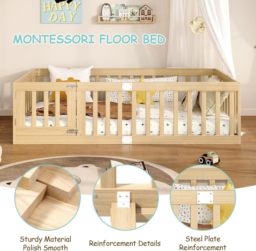 Twin Montessori Floor Bed with High Guardrails and 2 Door Latch, Solid Wood Toddler Bed Frame with 10 Slats and