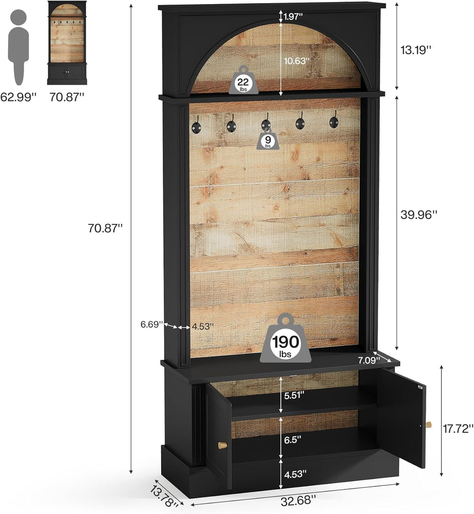 70.86" Hall Tree with Storage Bench, 4-in-1 Design Entryway Bench with Coat Rack, Farmhouse Hall Tree with 5 Hooks