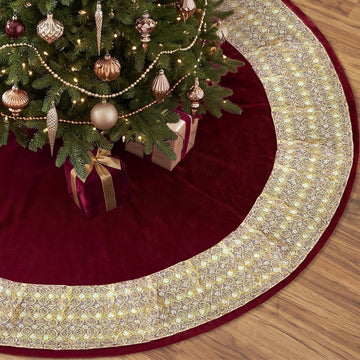Burgundy Velvet Christmas Tree Skirt, 72 Inch Vintage Holiday Decor