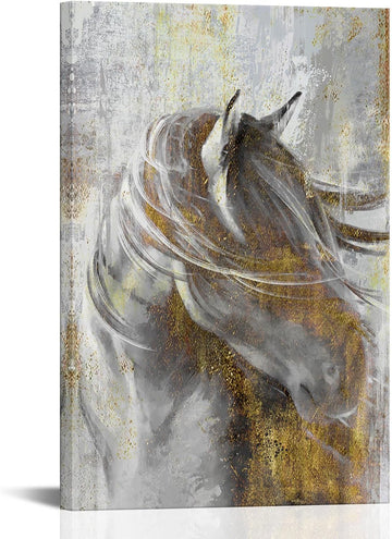 Horse Wall Art Abstract Gold Grey Horse Canvas Paintings Modern Horse Wall Decor Bedroom Office Framed 24"x36"