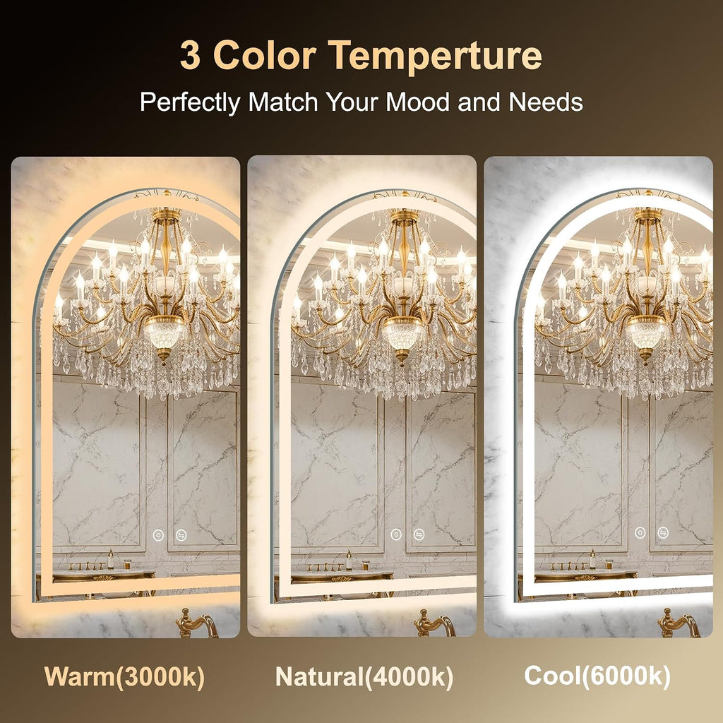 Arched LED Bathroom Mirror with Lights, 24"×32" Lighted Vanity Mirror for Bathroom, Smart Anti-Fog