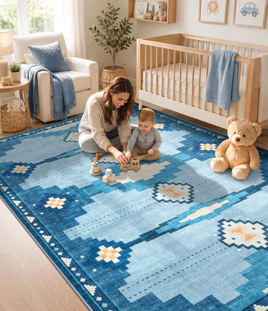 Washable Blue Geometric Area Rug