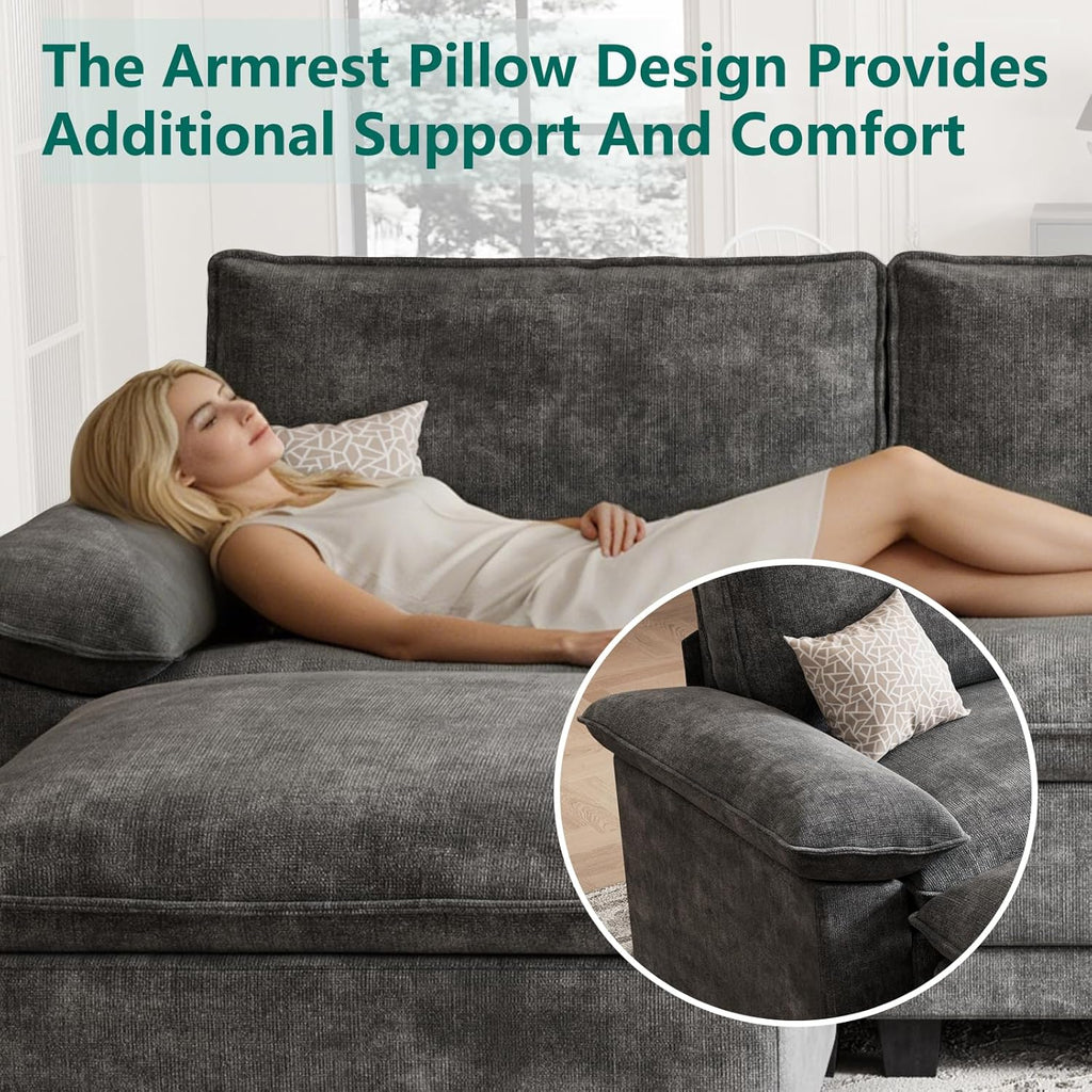 Modern L Shaped Sofa Couches , Modular Sectional Cloud Couch with Movable Ottoman, Comfy Chenille Sofa , Dark Gray