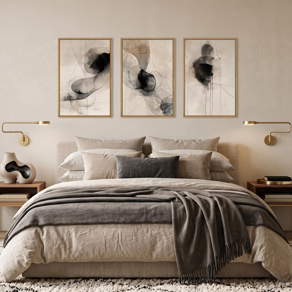 Large Abstract Neutral Black Framed Canvas Wall Art Set -24"x36"x3