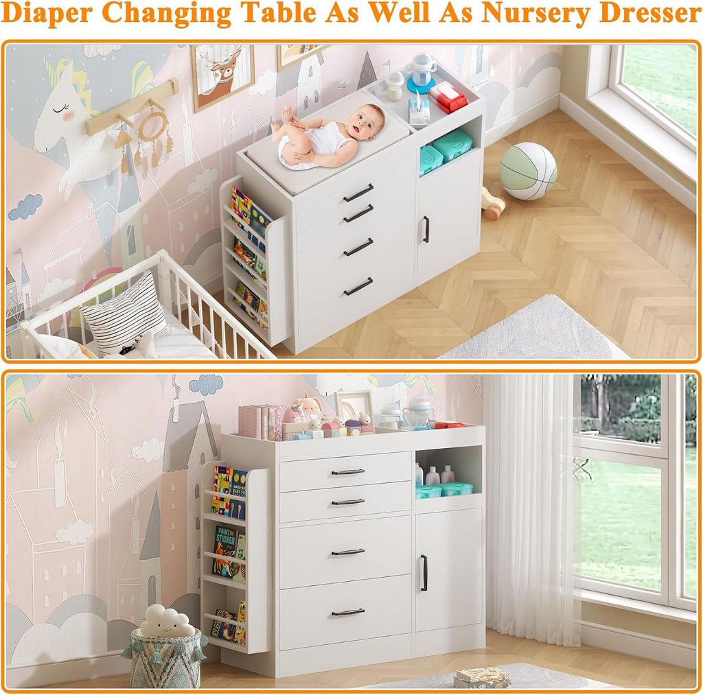 Changing Table Dresser, Baby Nursery Dresser with 4 Drawers & 1 Cabinet & 3 Open Shelves Storage, Modern Diaper