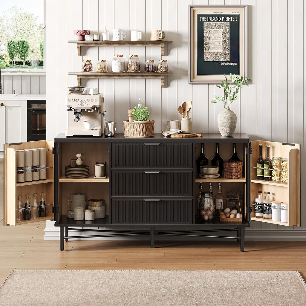 Kitchen Buffet Cabinet with Dual Door Shelves & 3 Drawers, Fluted Sideboard | Large Credenza Storage Cabinets Wood