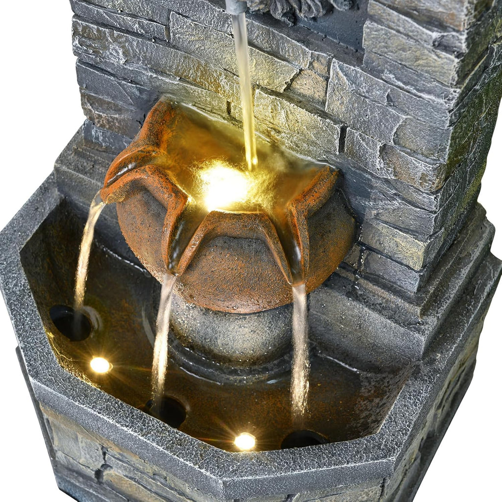 32'' Outdoor Water Fountain, Lion Head Floor-Standing Stone Waterfall Fountain with LED Lights