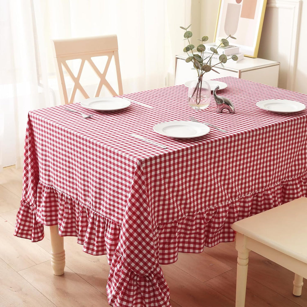 Red White Plaid Ruffled Table Cloth Rectangular for Seat 8-10, 100% Washed Cotton Buffet Cottage Coq