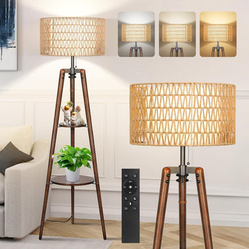 Boho Rattan Tripod Floor Lamp with Shelves, Dimmable Mid Century Modern Standing Lamp with Remote Co