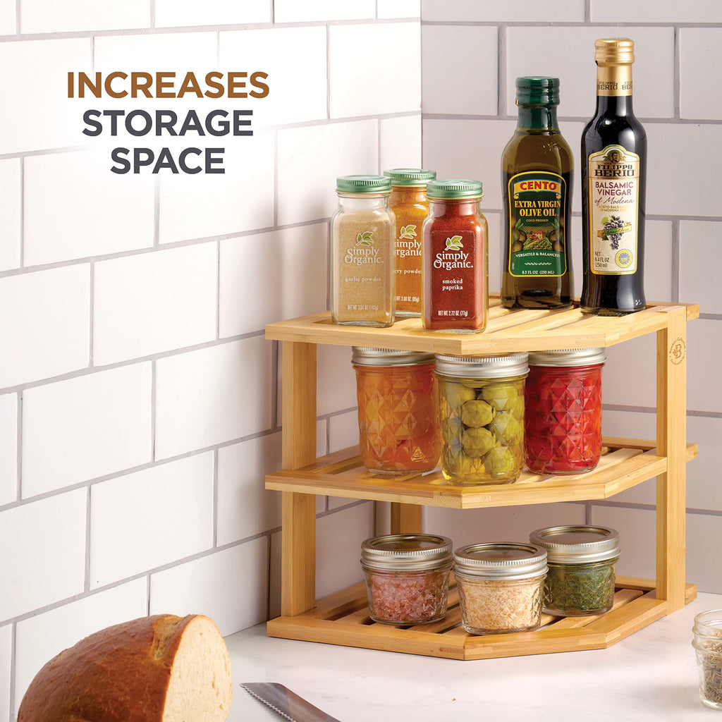Corner Plate Organizer for Cabinet, Bamboo 3-Tier Kitchen Cabinet Organizer