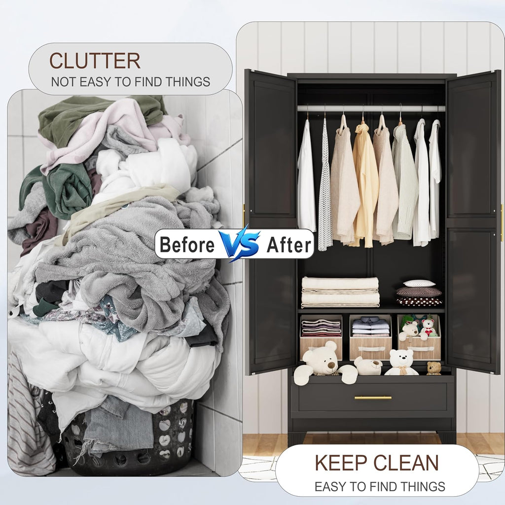 71"H Metal Tall Armoire Wardrobe Closet with Drawer,Household Steel Wardrobe Closet Cabinet with Drawers,Clothing