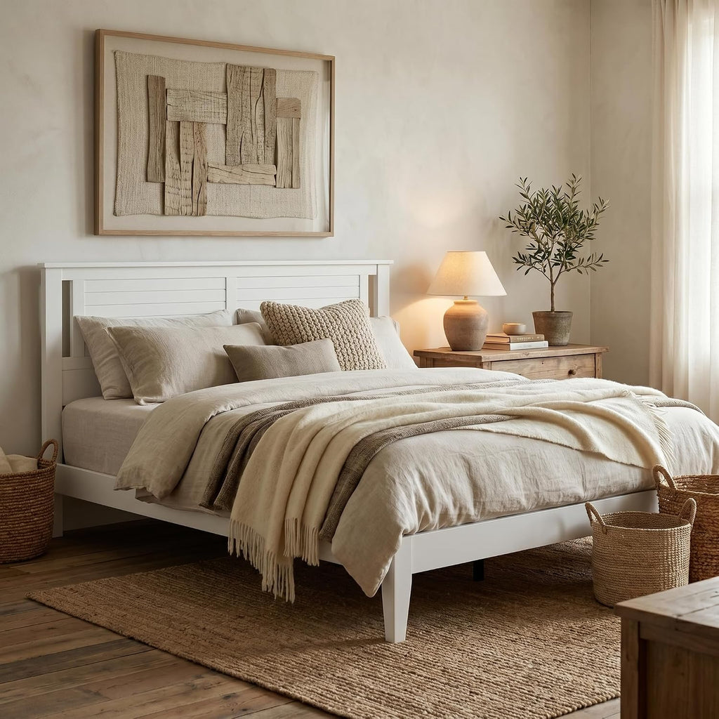 Solid Wood Platform Bed with Wooden Slats - Durable Frame, No Box Spring Required, Ample Underbed Storage, White