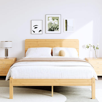 14" Full Size Bamboo Wood Platform Bed Frame with Headboard, Natural