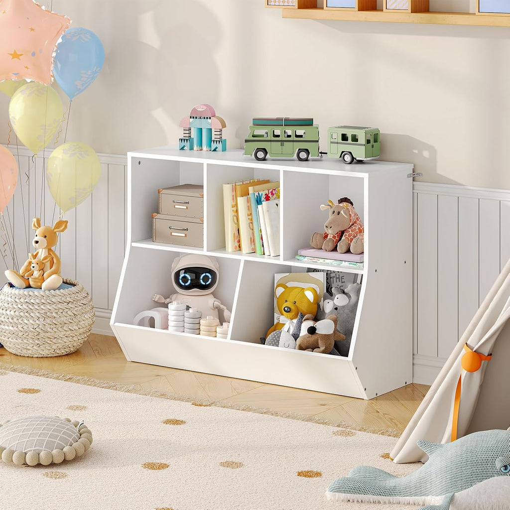 Kids Bookshelf, Bookcase Footboard, Toy Storage Cubby, Children's Toy Shelf, 35.4" L Storage Cabinet, Fit for
