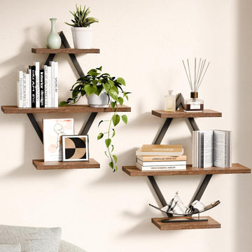 Floating Wall Shelves, Set of 2, Rustic Brown | 3-Tier Hanging, Wall Mounted, Sturdy & Durable