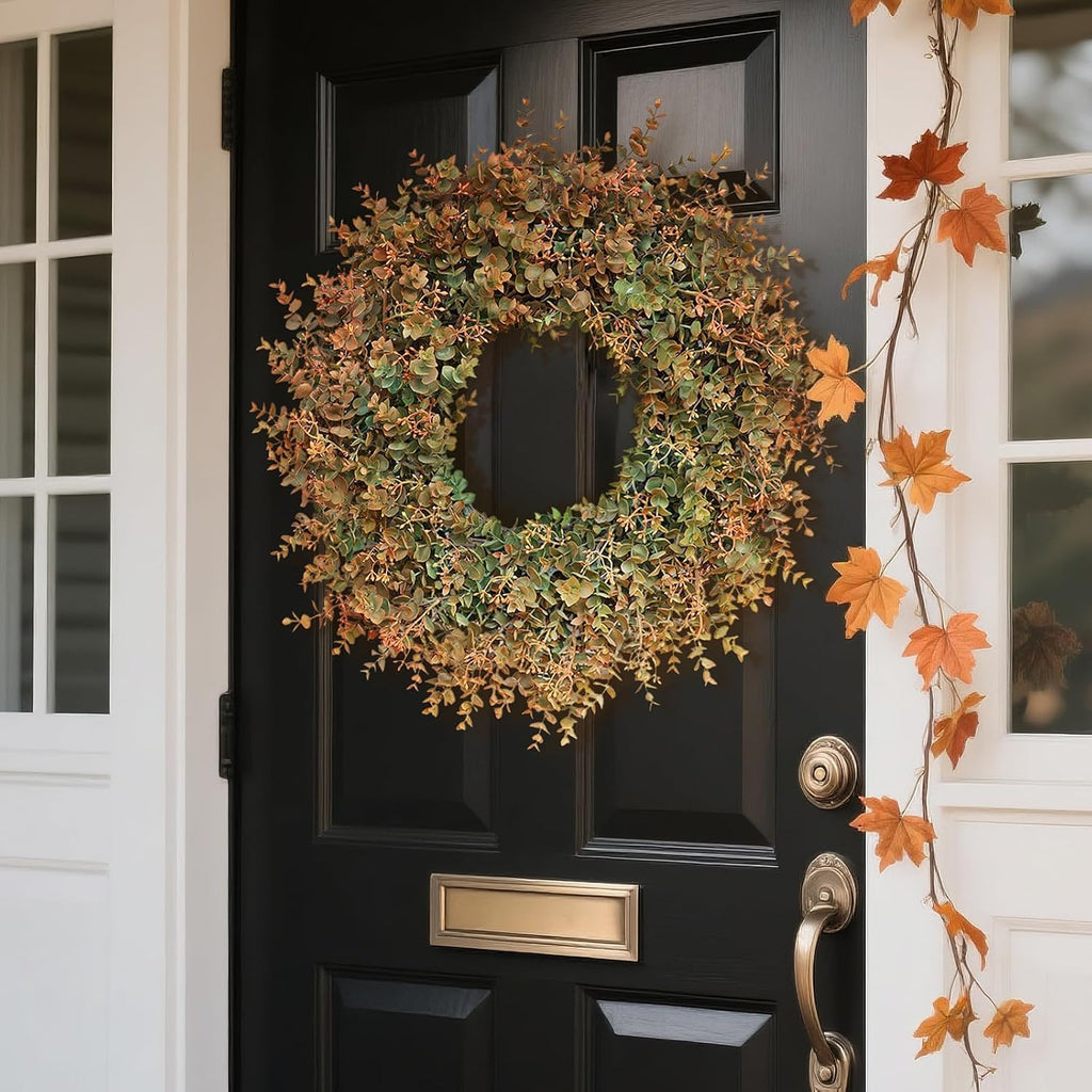 26"Artificial Eucalyptus Wreath with Seed for Front Door Decor(Fall Orange)