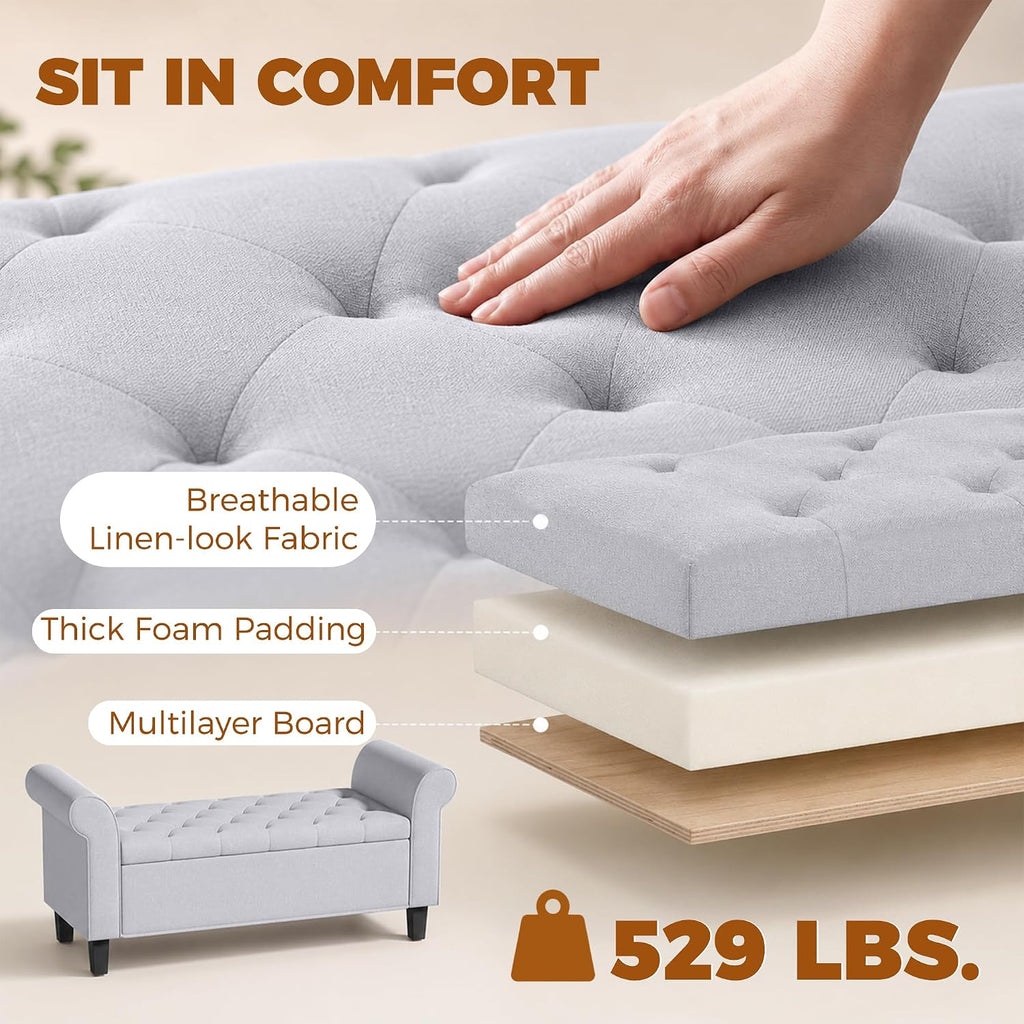47" Ottoman wih Storage End of Bed Bench with Rolled Arms Light Gray | Storage Chest, Safety Hinge, Wooden Legs