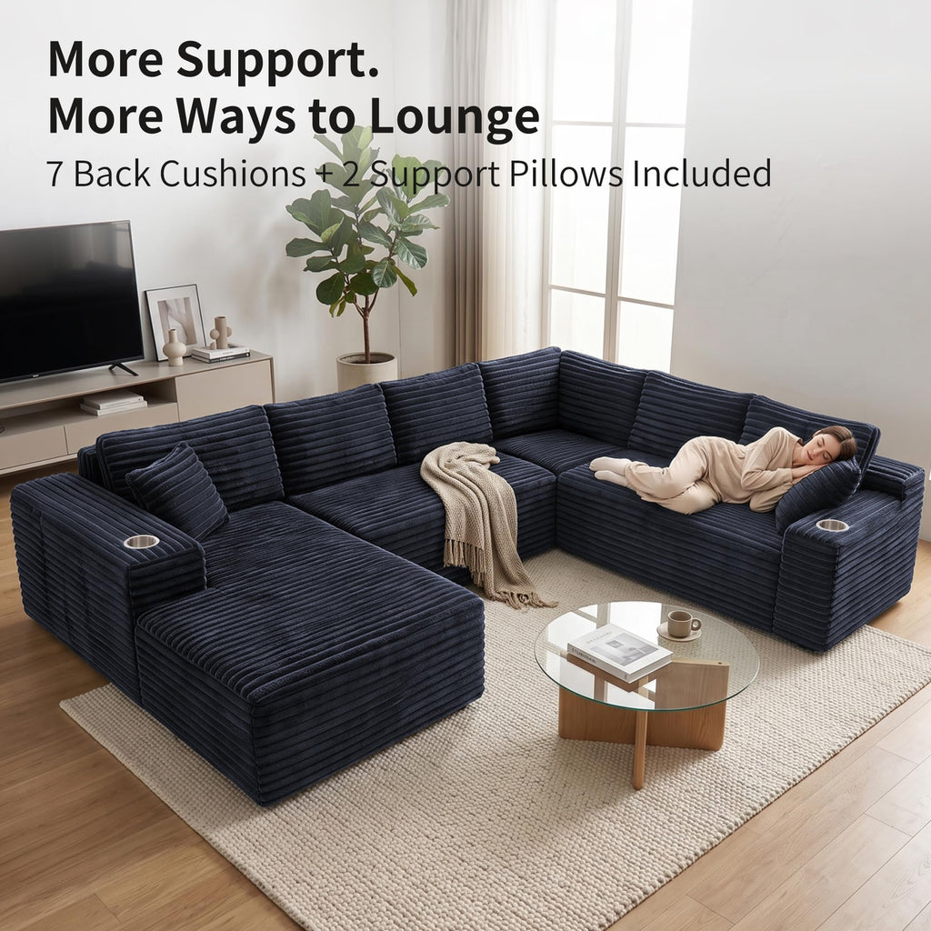 122" Oversized Cloud Sectional Couch, 7 Seater U Shaped Sofa Modular Boneless Couch with Chaise | Deep Seater | Cup