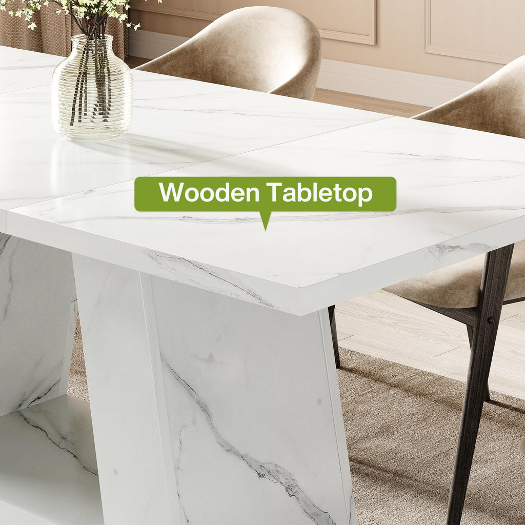 63" Modern Faux Marble Dining Table for 6, Rectangle, White