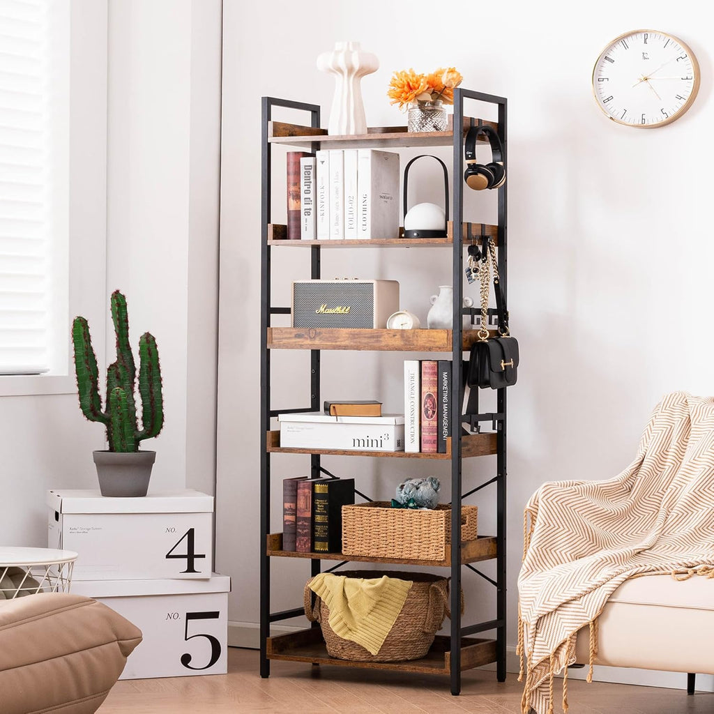 Adjustable 6 Tier Open Bookcase, Rustic Farmhouse Book Shelves, Industrial Wood and Black Metal Bookshelves