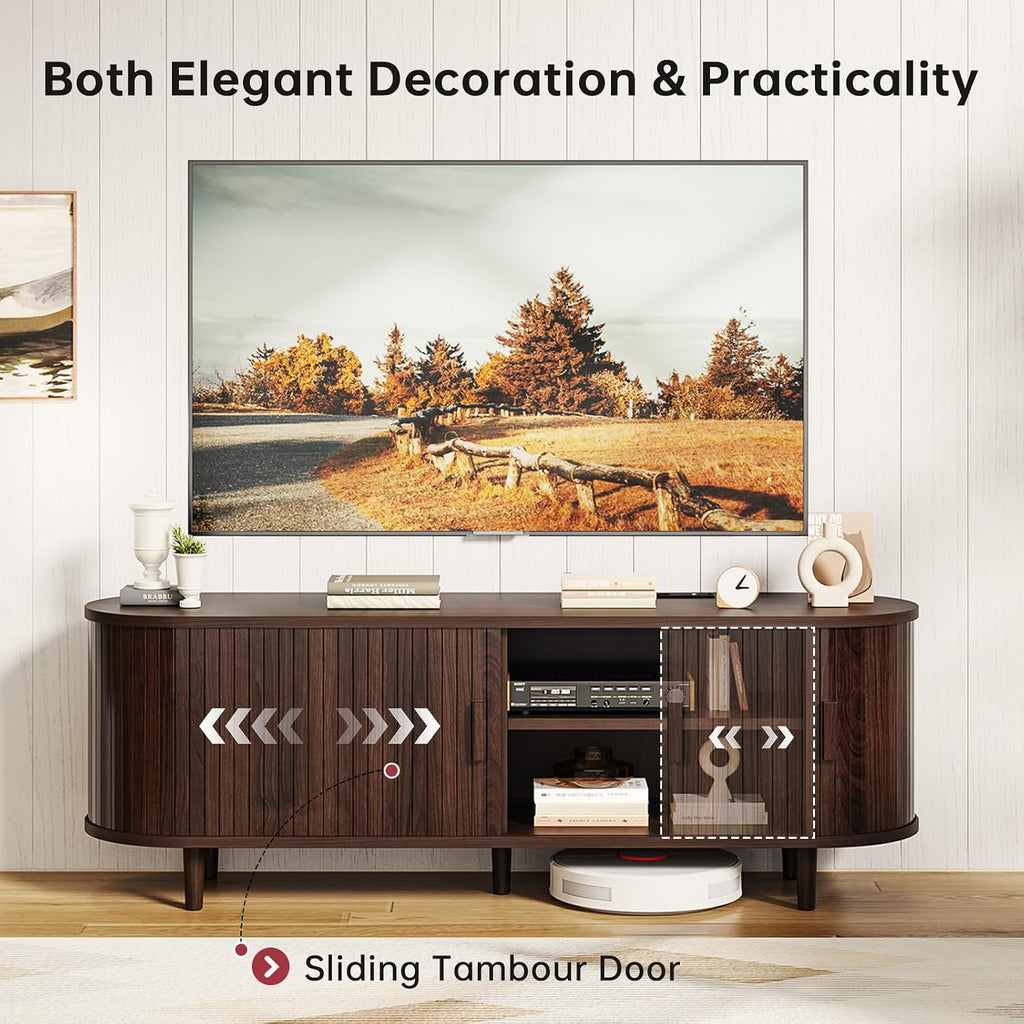 58" Mid Century Modern TV Stand, TV Consoles with Sliding Doors, Wood Entertainment Center with Power Outlet and Adjustable Shelves, Fluted Television Stand for Living Room, Walnut