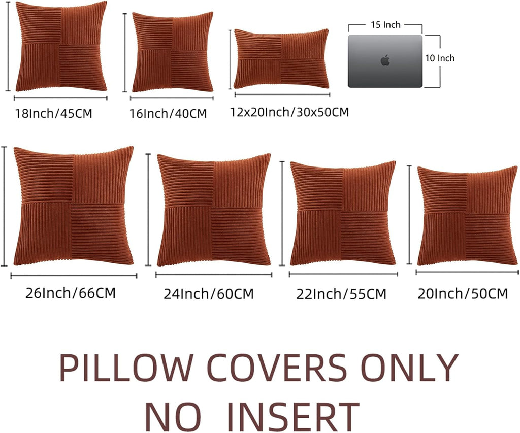 Rust Lumbar Decorative Throw Pillow Covers 12x20 Inch, Rustic Farmhouse Boho Home Decor, Soft Striped Corduroy