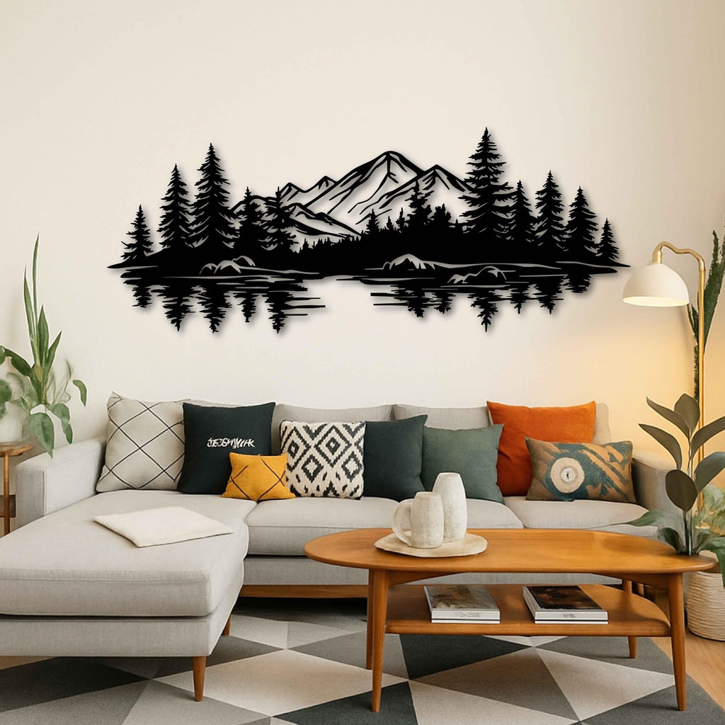 Mountain and Lake Metal Wall Art Decor, Forest Landscape Wall Decor, Cabin Wall Hanging, Farmhouse Wall Decor