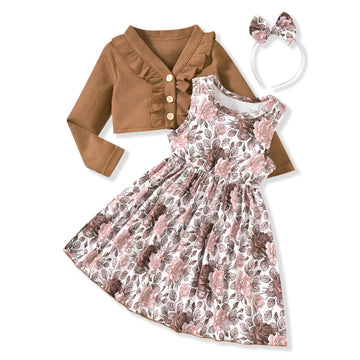 Toddler Little Girls Dress and Cardigan Sets Floral Flower Print Sleeveless Dress and Long Sleeve Waffle Cardigan