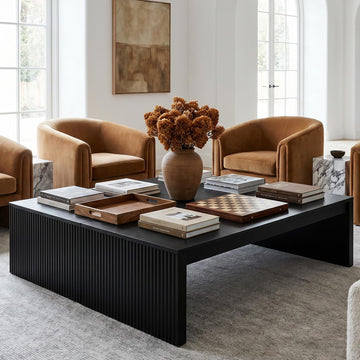 39.4" Square Fluted Coffee Table, Mid-Century Modern Black Center Table, Architectural Wood Cocktail Tea Tables