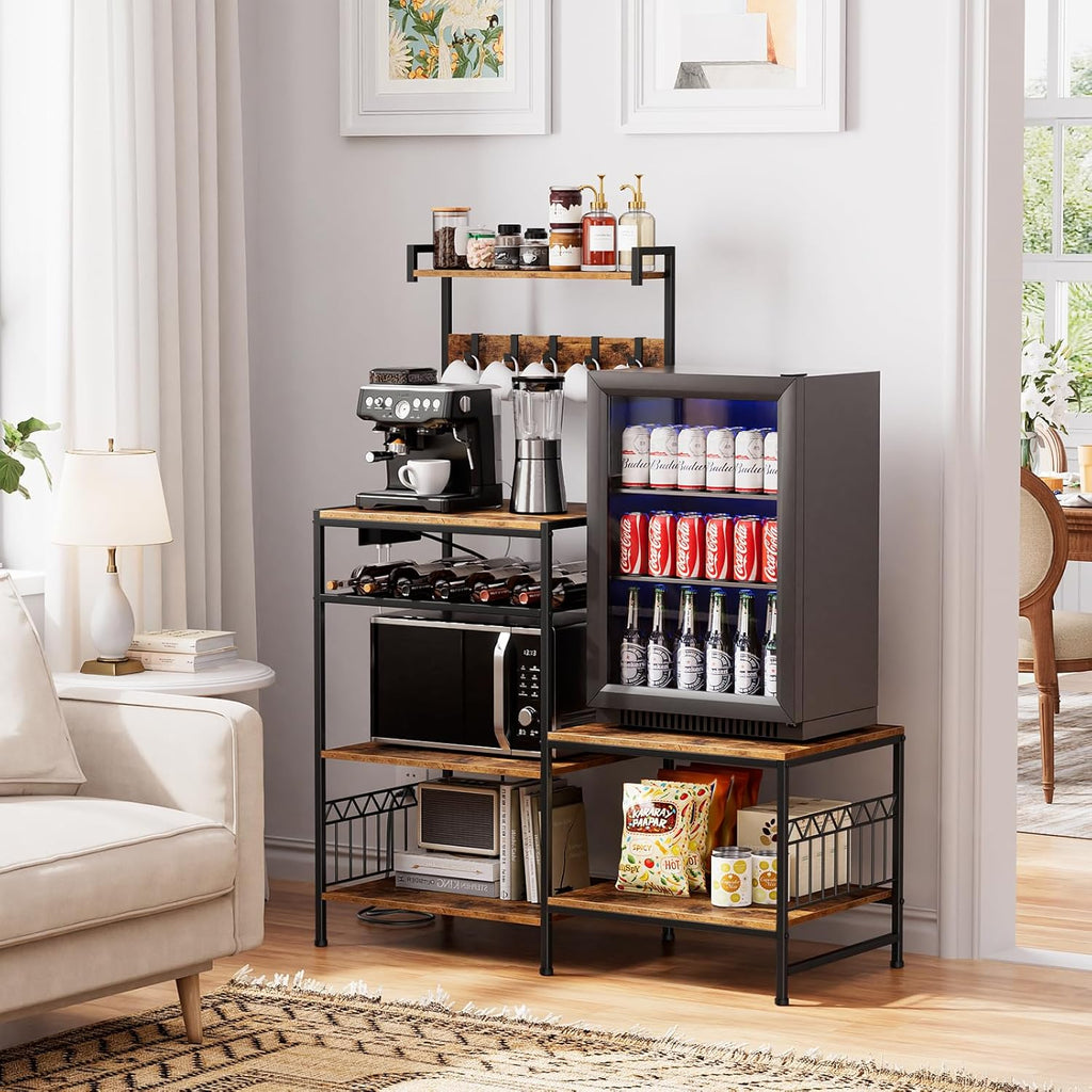 Kitchen Shelf Bakers Rack with Power Outlet, Mini Fridge and Microwave Stand Coffee Bar Table with S-Hooks, Storage